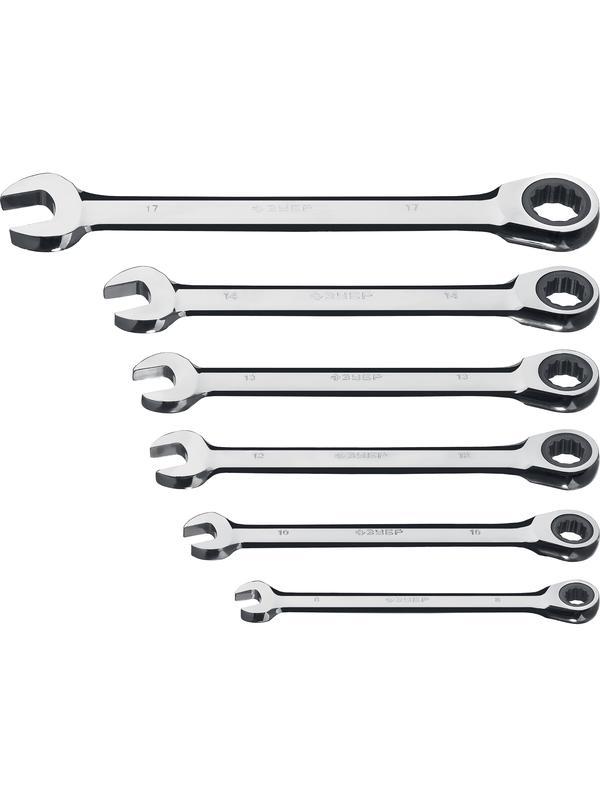 ЗУБР 6 шт, 8 - 17 мм, набор комбинированных трещоточных гаечных ключей, Профессионал (27074-H6)