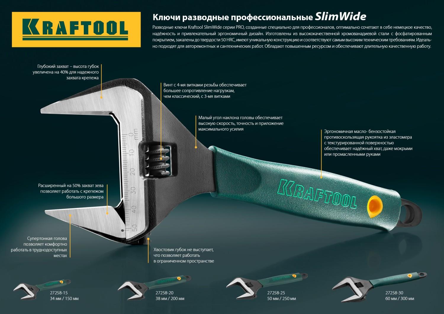 KRAFTOOL SlimWide, 150/34 мм, разводной ключ (27258-15)