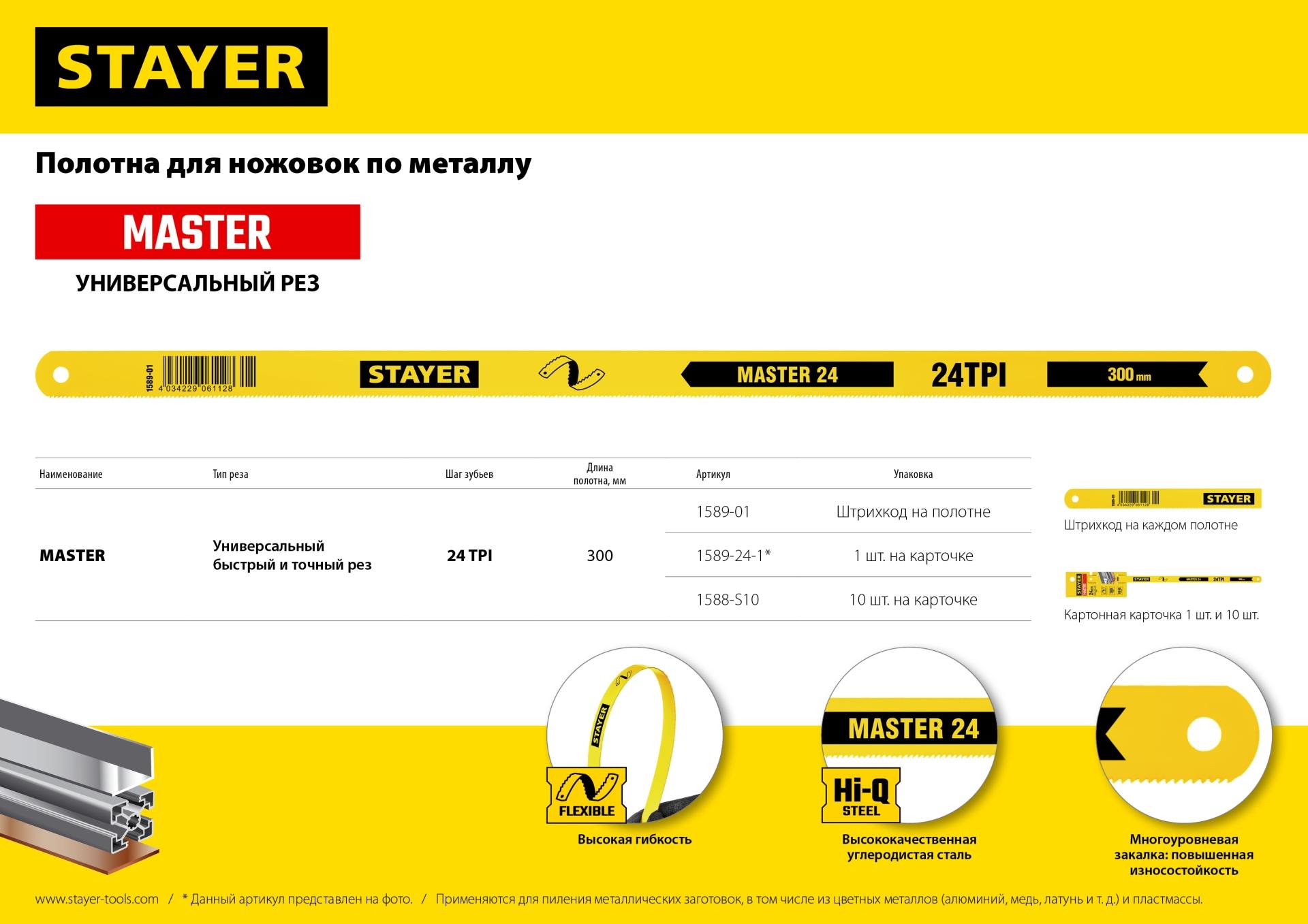 STAYER 24 TPI, шаг 1 мм, 300 мм, 10 шт, полотно для ножовки по металлу (1588-S10)