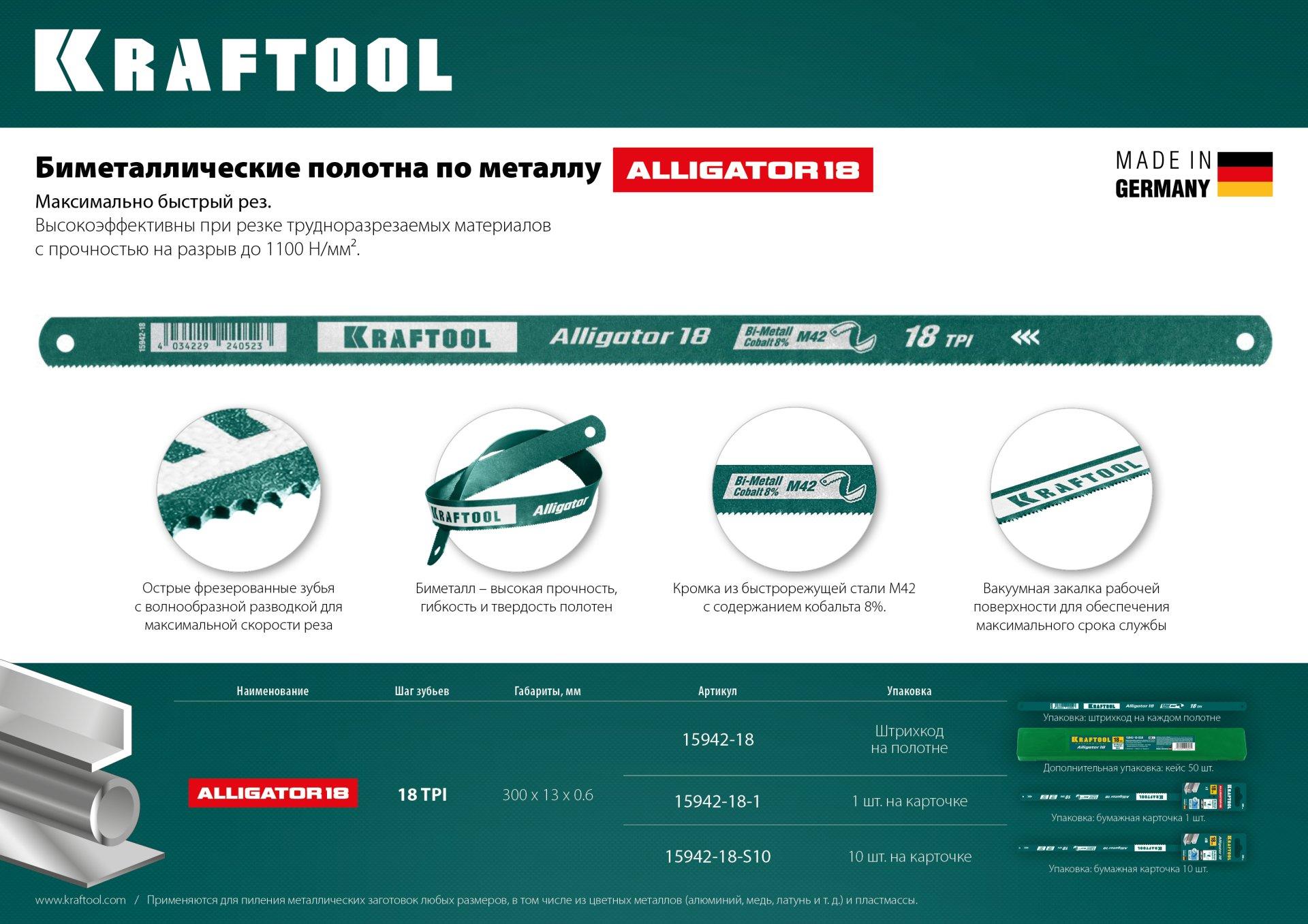 KRAFTOOL Alligator-18, 18 TPI, 300 мм, биметталическое гибкое полотно по металлу (15942-18-S10)