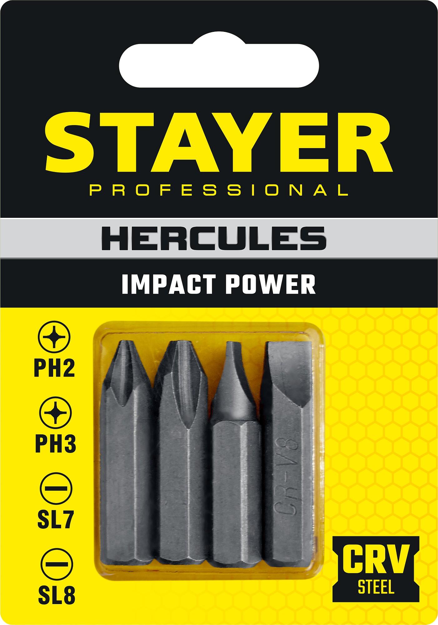 STAYER Hercules, 36 мм, 4 шт, биты для ударной отвертки, Professional (25667-S4)