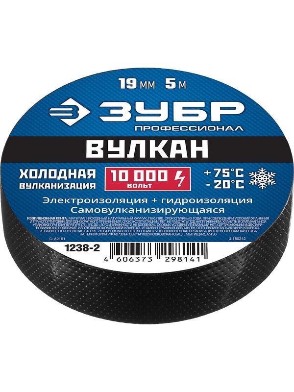 ЗУБР ВУЛКАН, 19 мм х 5 м, 10 000 В, черная, самовулканизирующаяся изолента, Профессионал (1238-2)