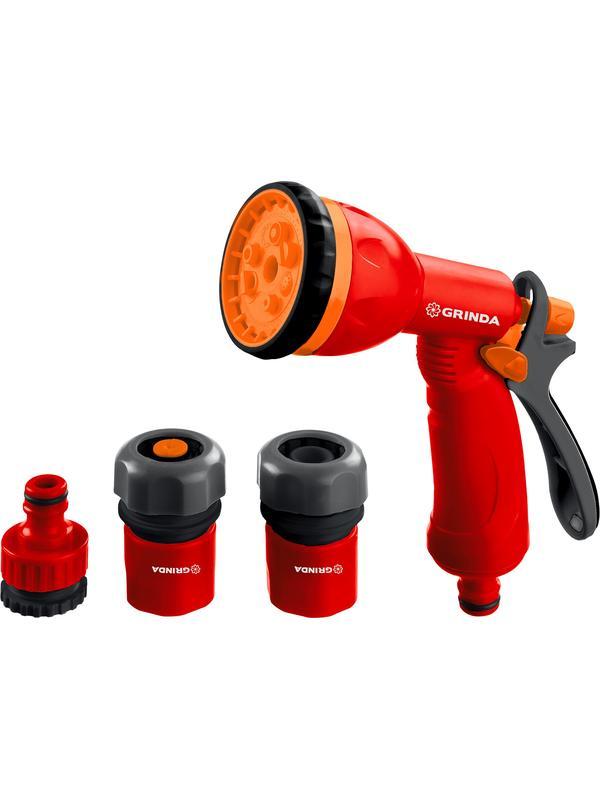 GRINDA GS-12, пистолет с 8 режимами, комплект соединительной арматуры 1/2″, ударопрочный пластик, поливочный набор (8-427383)