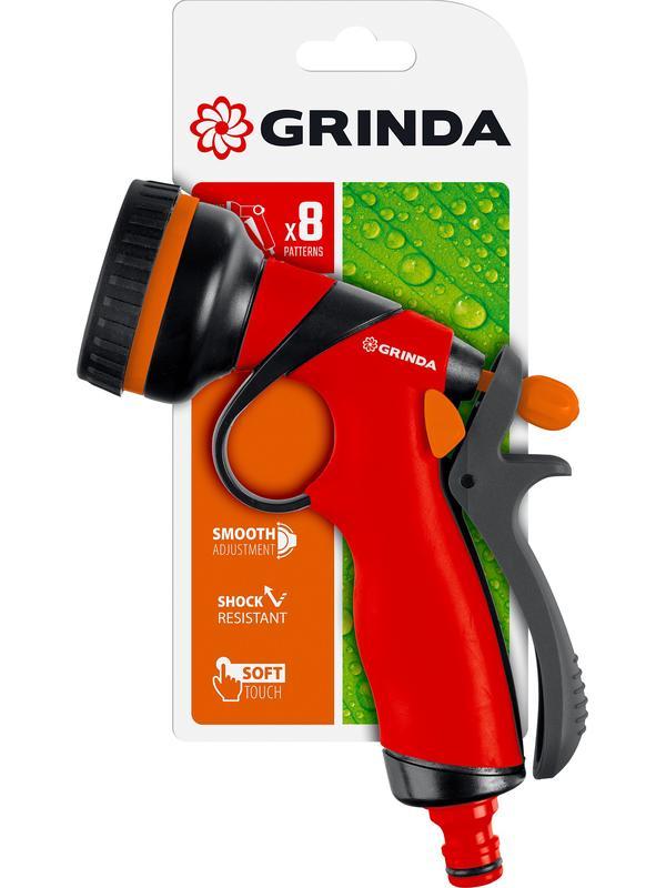 GRINDA T-8C, 8 режимов, курок сзади, пластиковый с TPR, поливочный пистолет (8-427183)