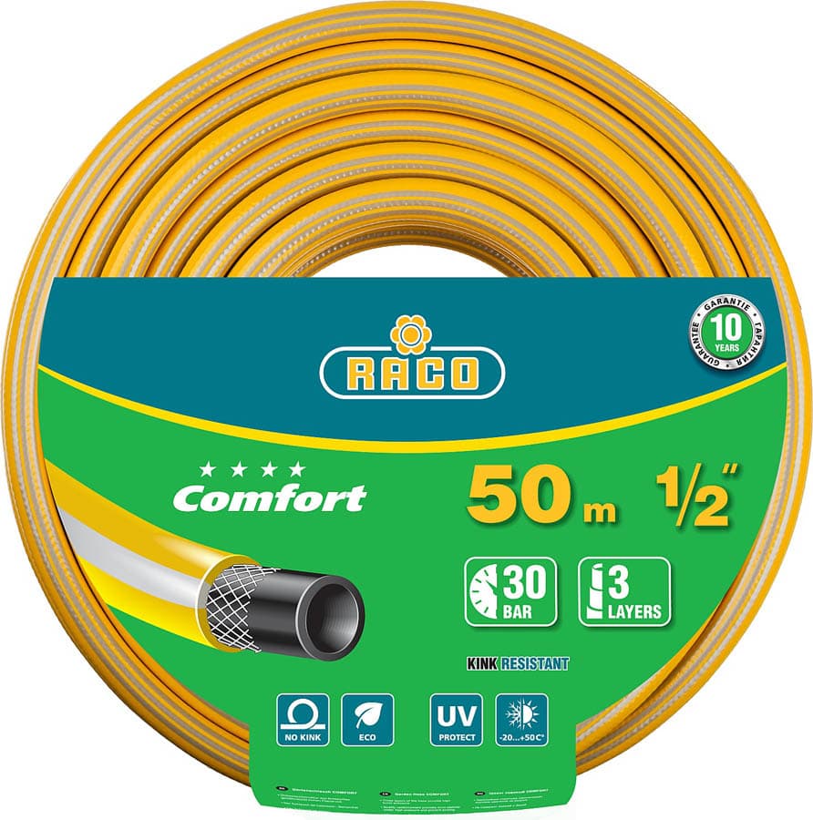 Поливочный шланг RACO COMFORT 40303-1/2-50, 30 атм, трёхслойный, армированный / 1/2″, 50 м.