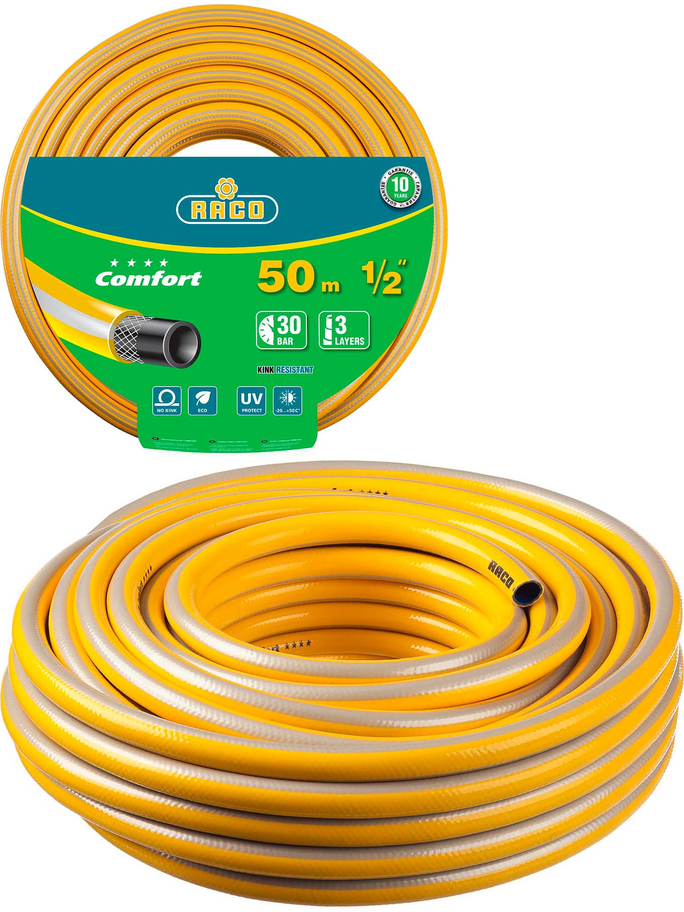 Поливочный шланг RACO COMFORT 40303-1/2-50, 30 атм, трёхслойный, армированный / 1/2″, 50 м.