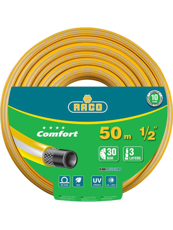Поливочный шланг RACO COMFORT 40303-1/2-50, 30 атм, трёхслойный, армированный / 1/2″, 50 м.