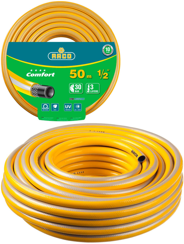 Поливочный шланг RACO COMFORT 40303-1/2-50, 30 атм, трёхслойный, армированный / 1/2″, 50 м.