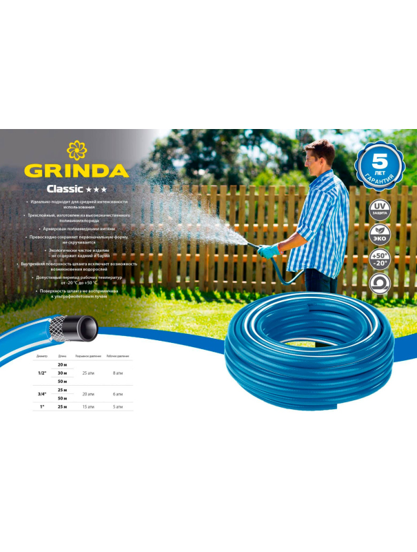 Шланг поливочный GRINDA Classic 8-429001-1/2-20, 25 атм, трёхслойный, армированный, сетчатое армирование полиамидной нитью / 1/2″ / 20 м.