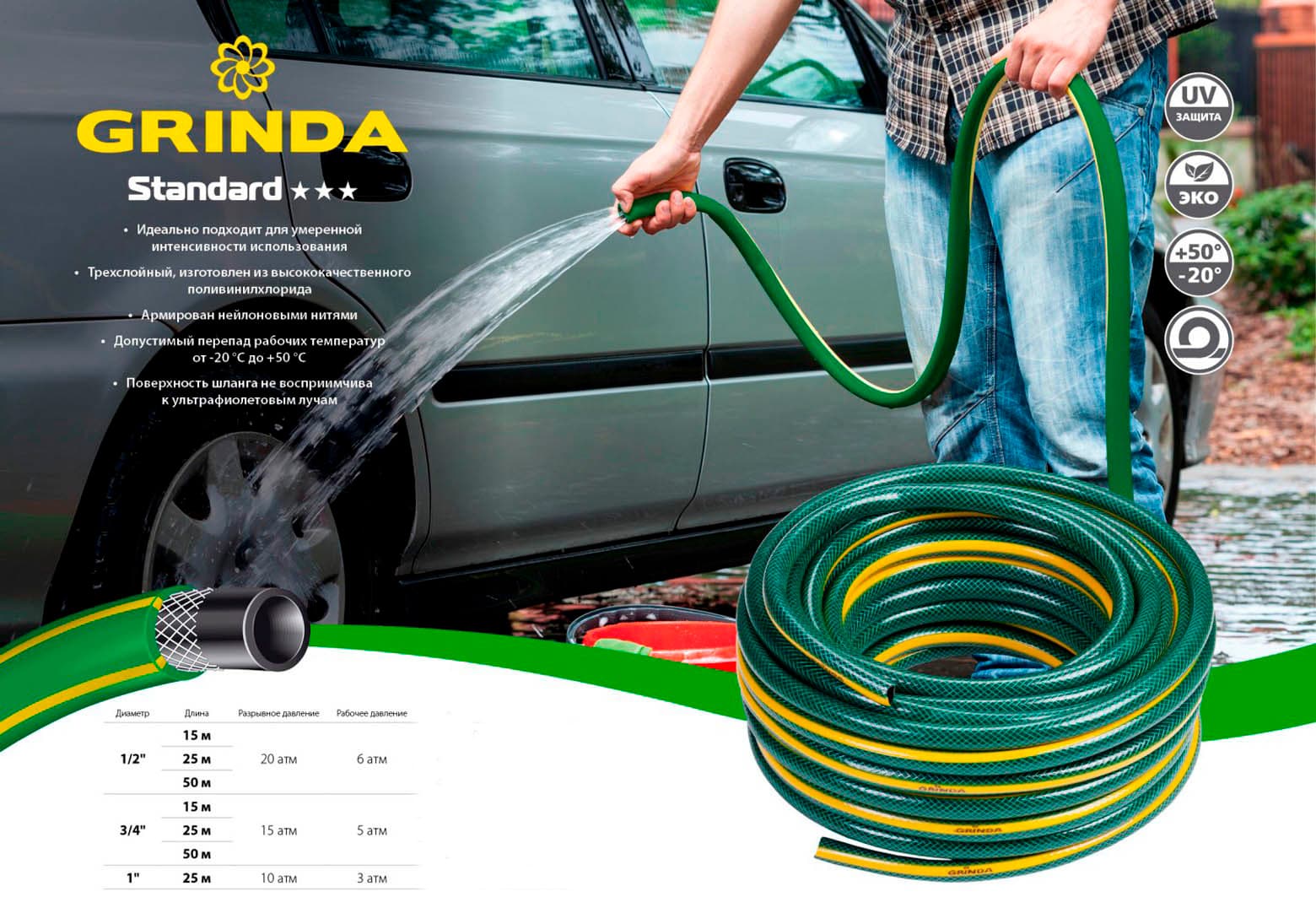 Шланг поливочный GRINDA 429000-1/2-25, 20 атм, трёхслойный, армированный / 1/2″, 25 м.
