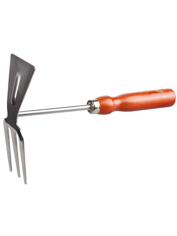 GRINDA 260 мм, 3 зубца, нержавеющая сталь, прямое лезвие, деревянная ручка, садовая мотыжка (8-421135)