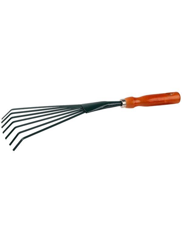 GRINDA 390 мм, углеродистая сталь, с плоскими зубцами, деревянная ручка, веерные грабельки (8-421253)