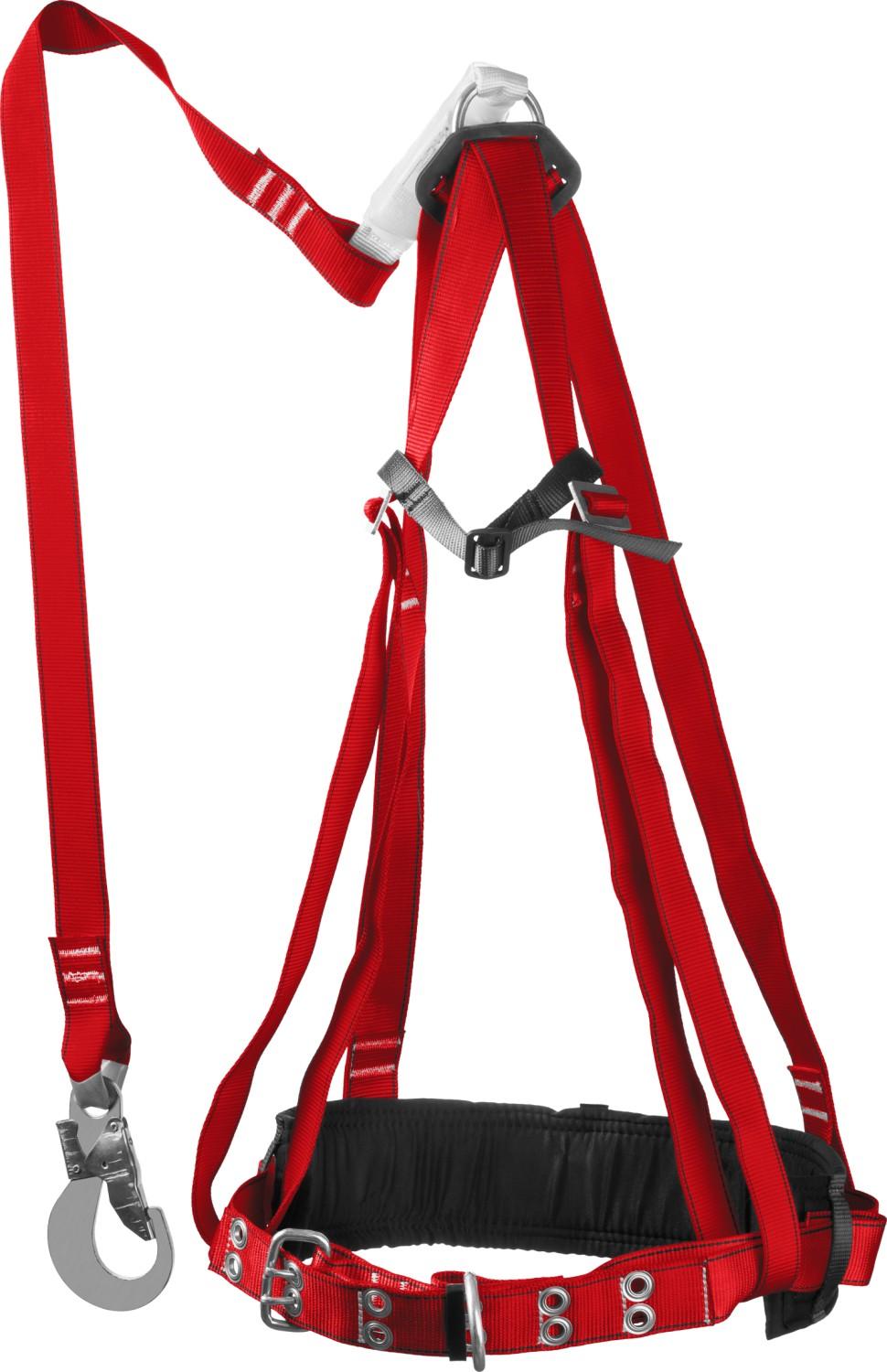 ЗУБР УРАЛ, 3 точки крепления, ленточный строп с амортизатором, лямочный пояс с наплечными и набедренными лямками (11583)