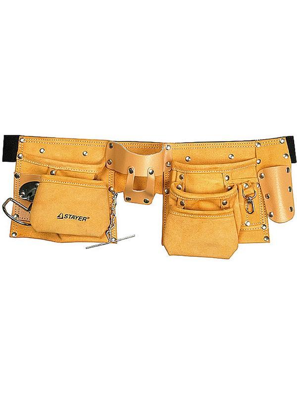 STAYER кожаный, 3 подвески, пояс для инструментов с 10 карманами(38512)