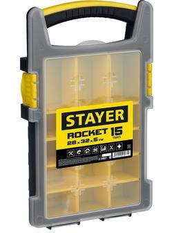 STAYER ROCKET-15, 280 x 320 x 50 мм, (11″), пластиковый органайзер с 15 съемными лотками (2-38031)