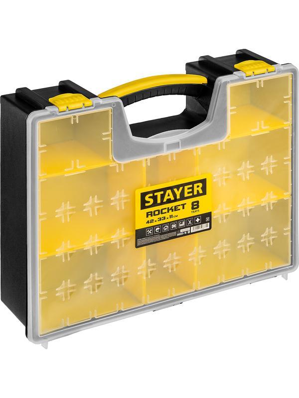 STAYER ROCKET-8, 420 х 330 х 110 мм, (16.5″), пластиковый органайзер с 8 съемными лотками (38033-16)