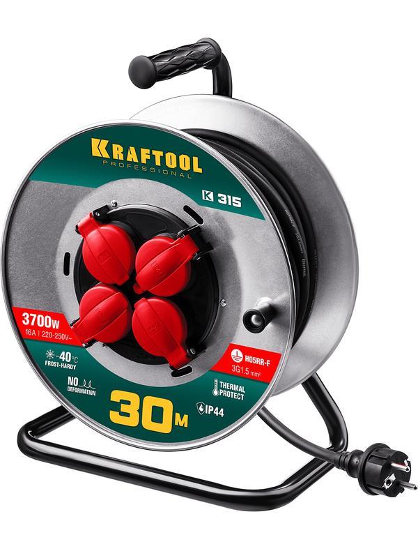 KRAFTOOL K-315, КГ, 3 x 1.5 мм2, 30 м, 3700 Вт, IP44, силовой удлинитель на стальной катушке (55085-30)