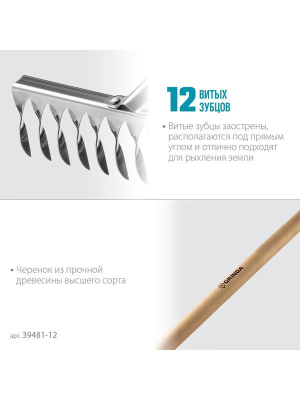 Грабли GRINDA PS-12 WOOD, 370 х 105 х 1300 мм, 12 витых зубцов, нержавеющая сталь, деревянный черенок, садовые грабли, PROLine (39481-12)