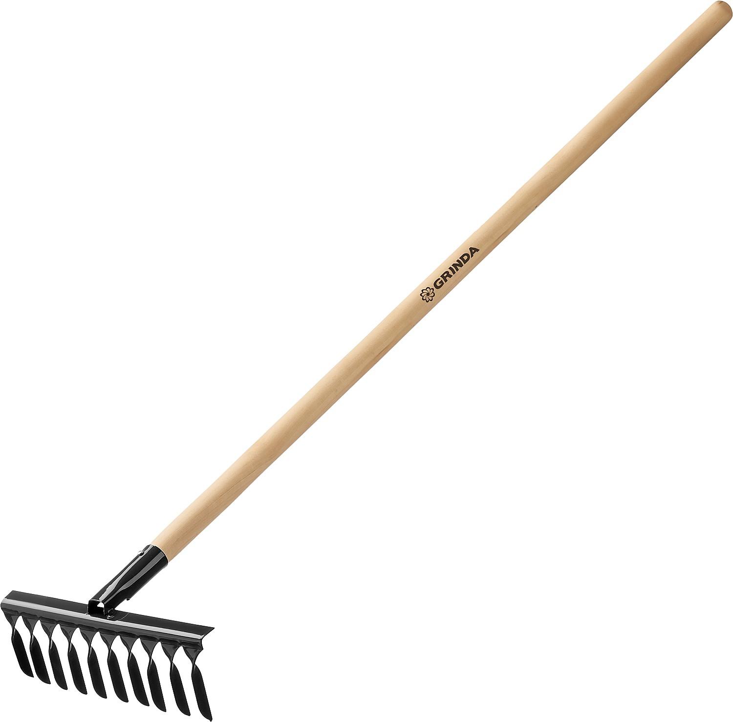 Грабли GRINDA GS-10 WOOD, 320 х 95 х 1300 мм, 10 витых зубцов, углеродистая сталь, антикор. покрытие, черенок дерев. высш. сорт, садовые грабли (39581-10)