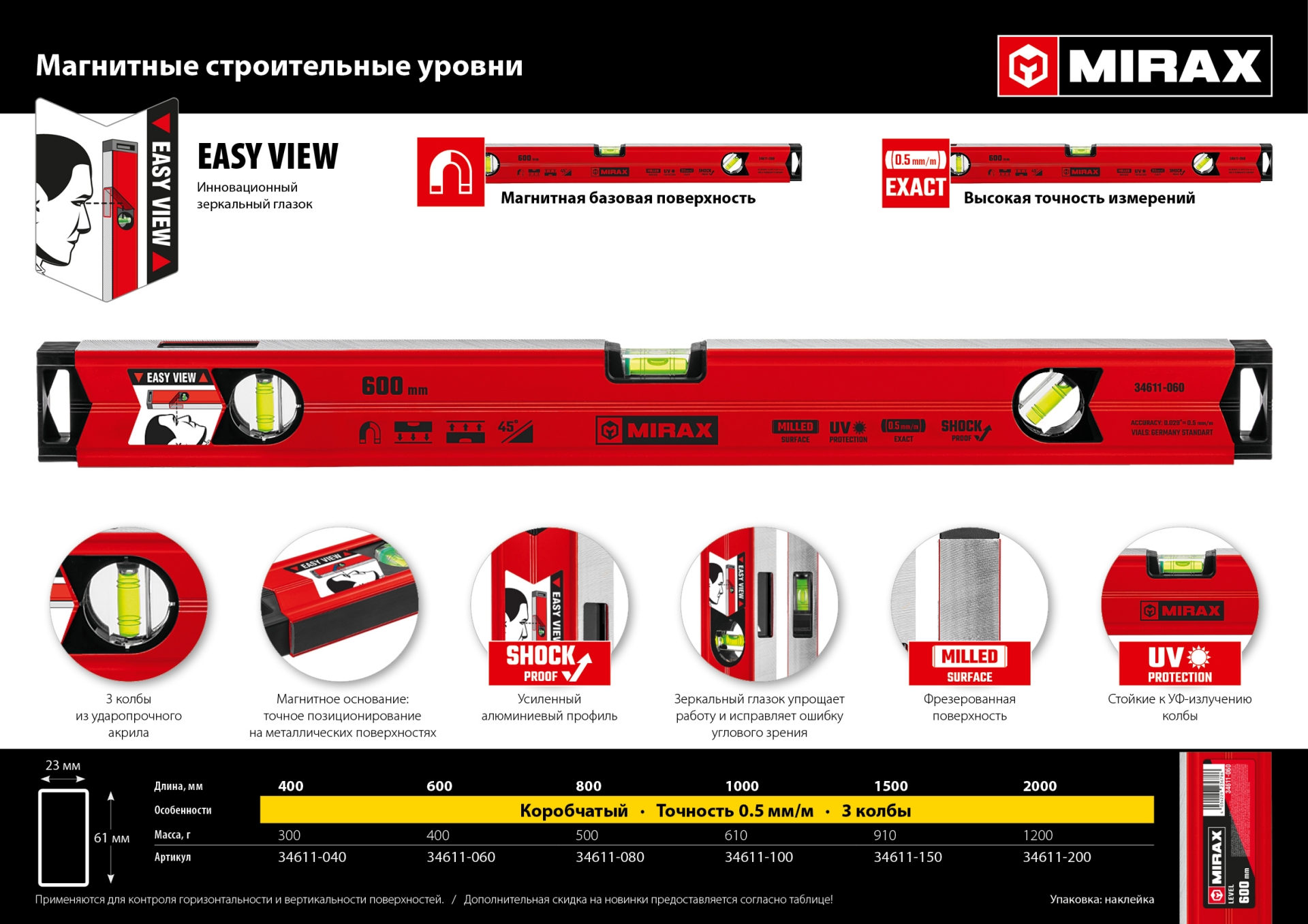 Уровень пузырьковый MIRAX 34611-060 магнитный, с зеркальным глазком / 600 мм.