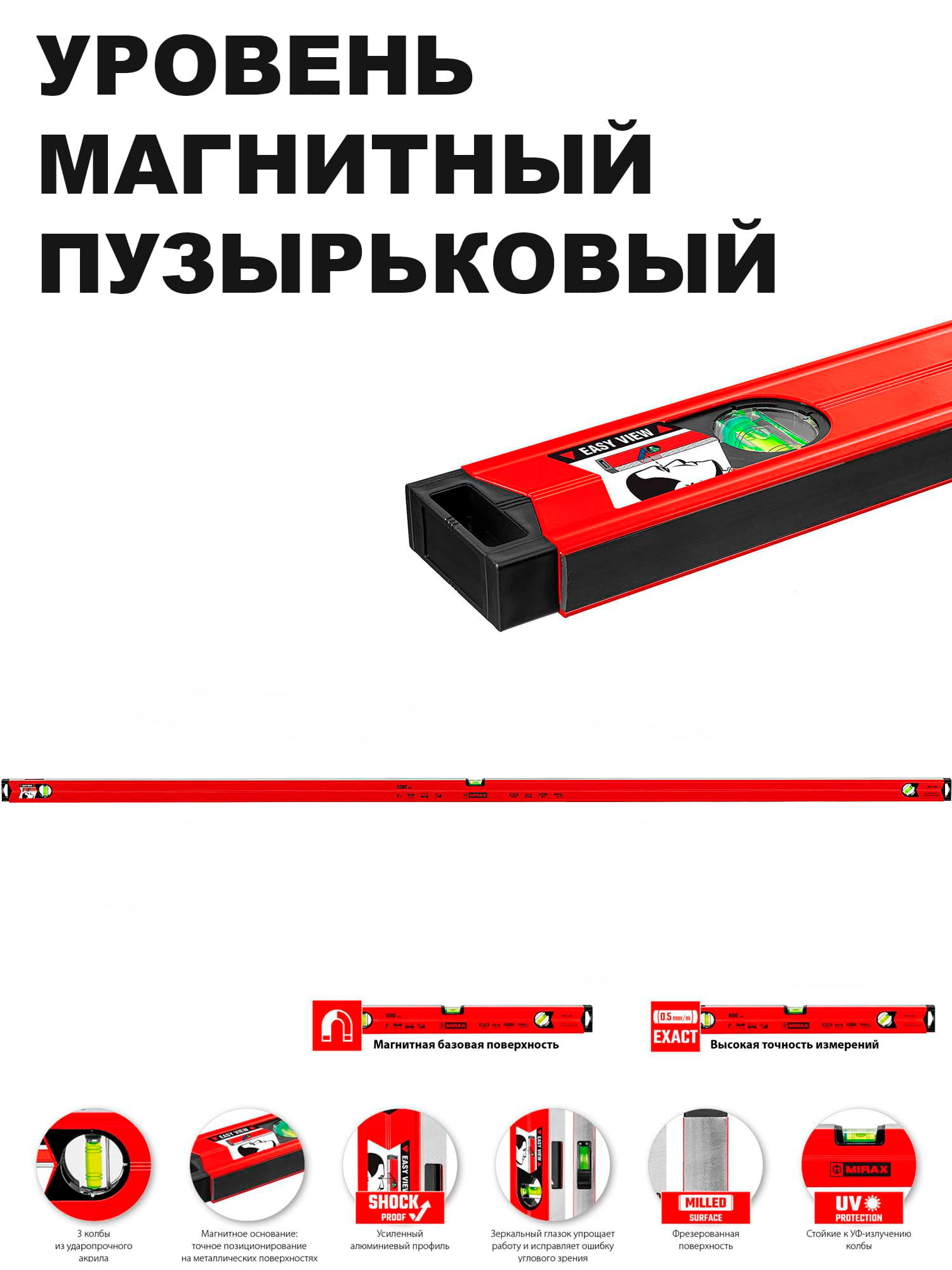 Уровень строительный MIRAX 34611-20 магнитный с зеркальным глазком / 2 м.