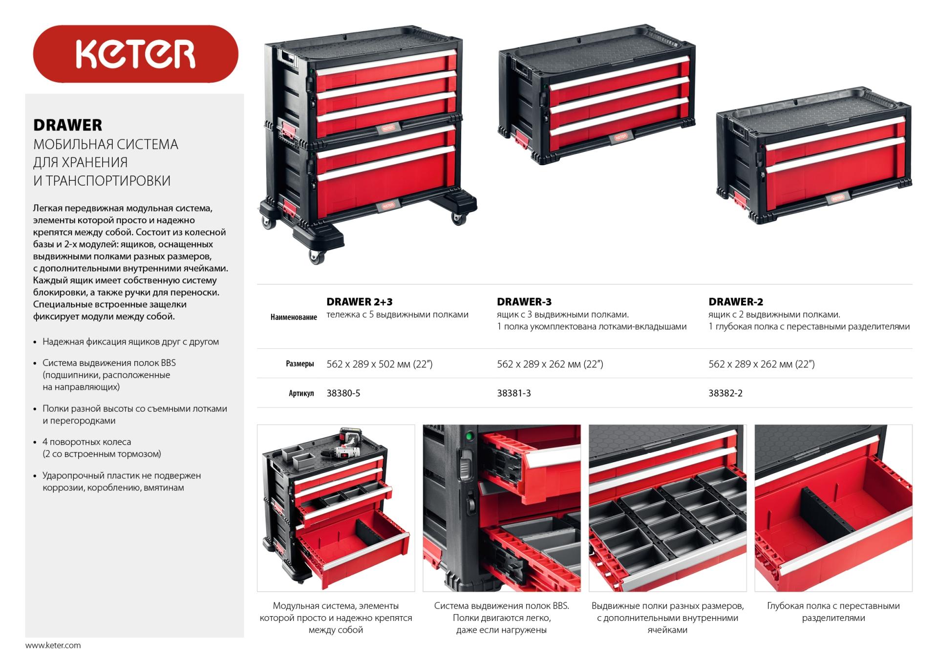 KETER DRAWER, 562 х 289 х 502 мм, (22″), пластиковый ящик с 5 выдвижными полками (38380-5)