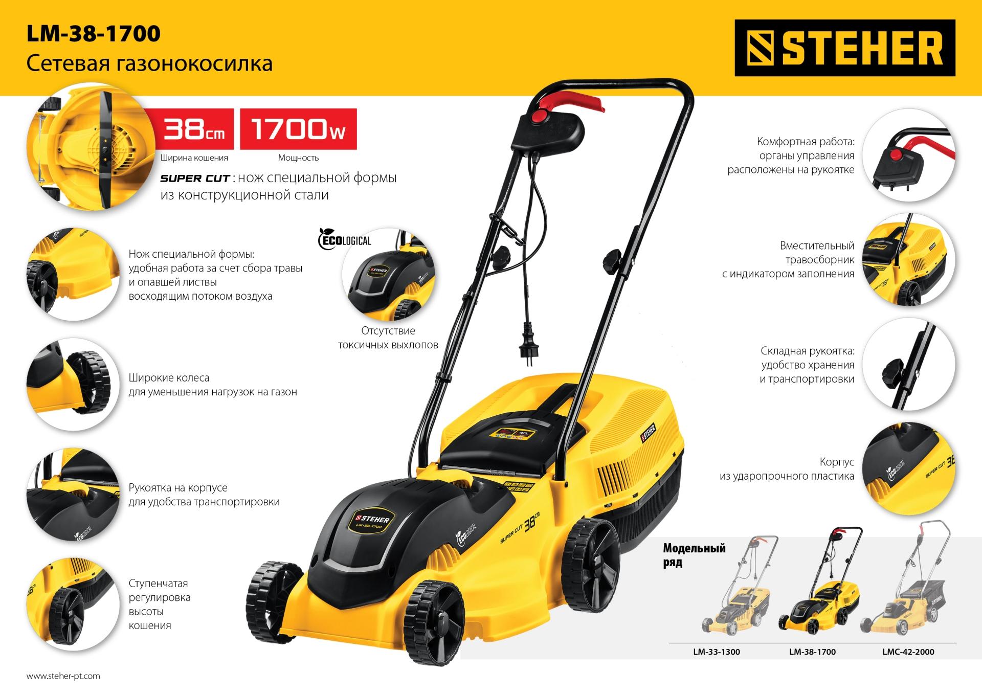 STEHER 1700 Вт, ш/с 38 cм, сетевая газонокосилка (LM-38-1700)