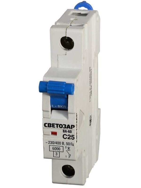 СВЕТОЗАР 1-полюсный, 25 A ″C″откл. сп., 6 кА, 230/400 В, автоматический выключатель (SV-49061-25-C)