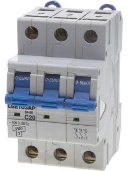 СВЕТОЗАР 3-полюсный, 20 A ″C″ откл. сп., 6 кА, 400 В, автоматический выключатель (SV-49063-20-C)