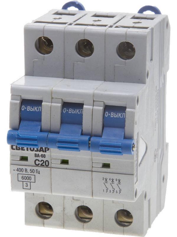 СВЕТОЗАР 3-полюсный, 20 A ″C″ откл. сп., 6 кА, 400 В, автоматический выключатель (SV-49063-20-C)