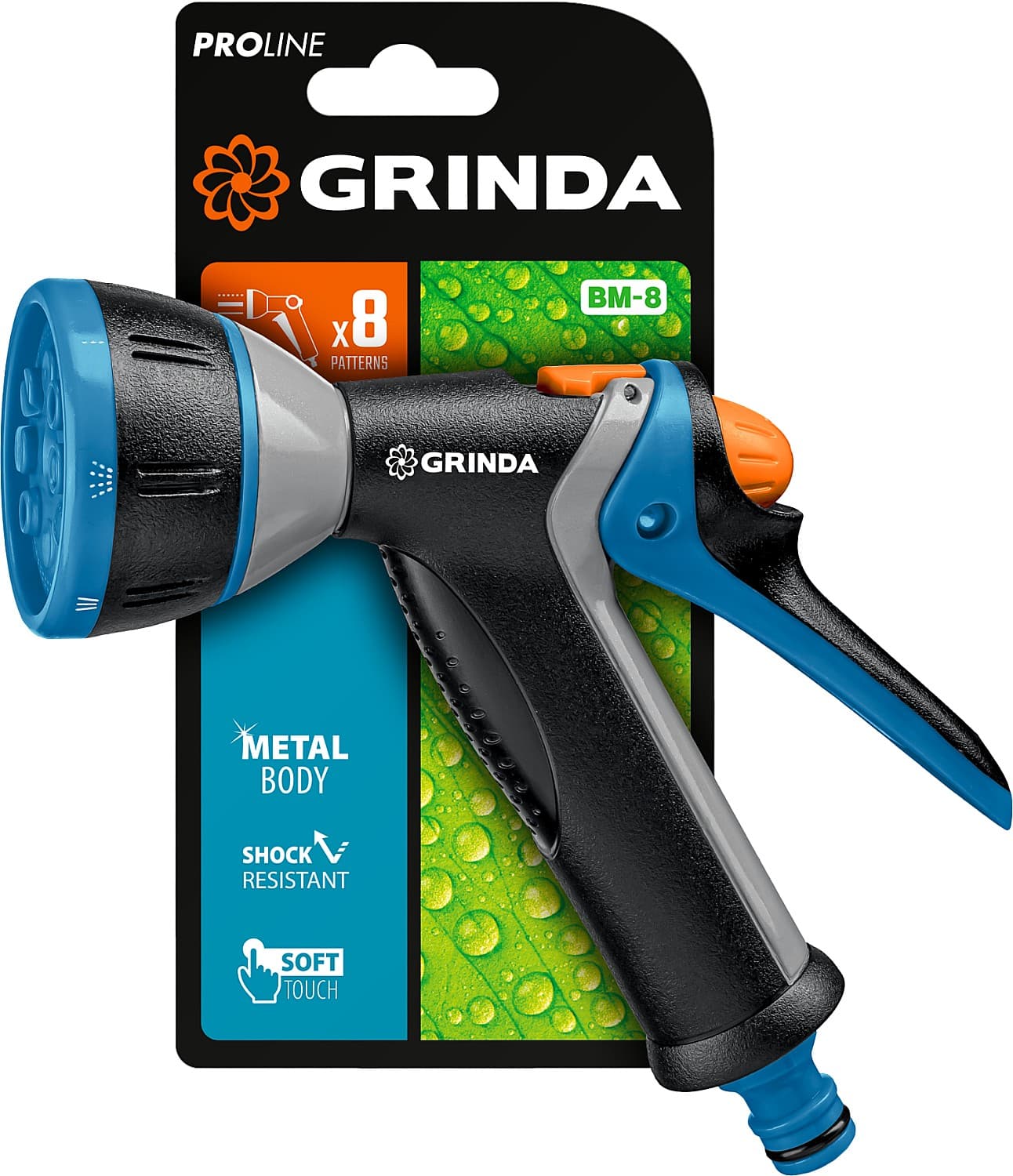 Поливочный пистолет GRINDA BM-8 8-427339, 8 режимов, курок сзади, металлический с TPR