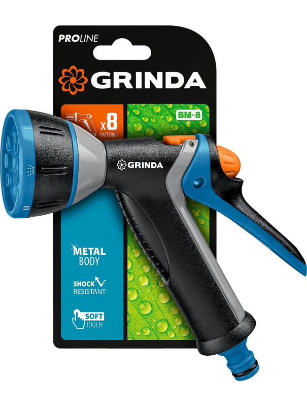 Поливочный пистолет GRINDA BM-8 8-427339, 8 режимов, курок сзади, металлический с TPR