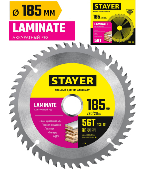 Пильный диск по ламинату STAYER Laminate 3684-185-30-56, 56Т, аккуратный рез / 185 x 30/20 мм.