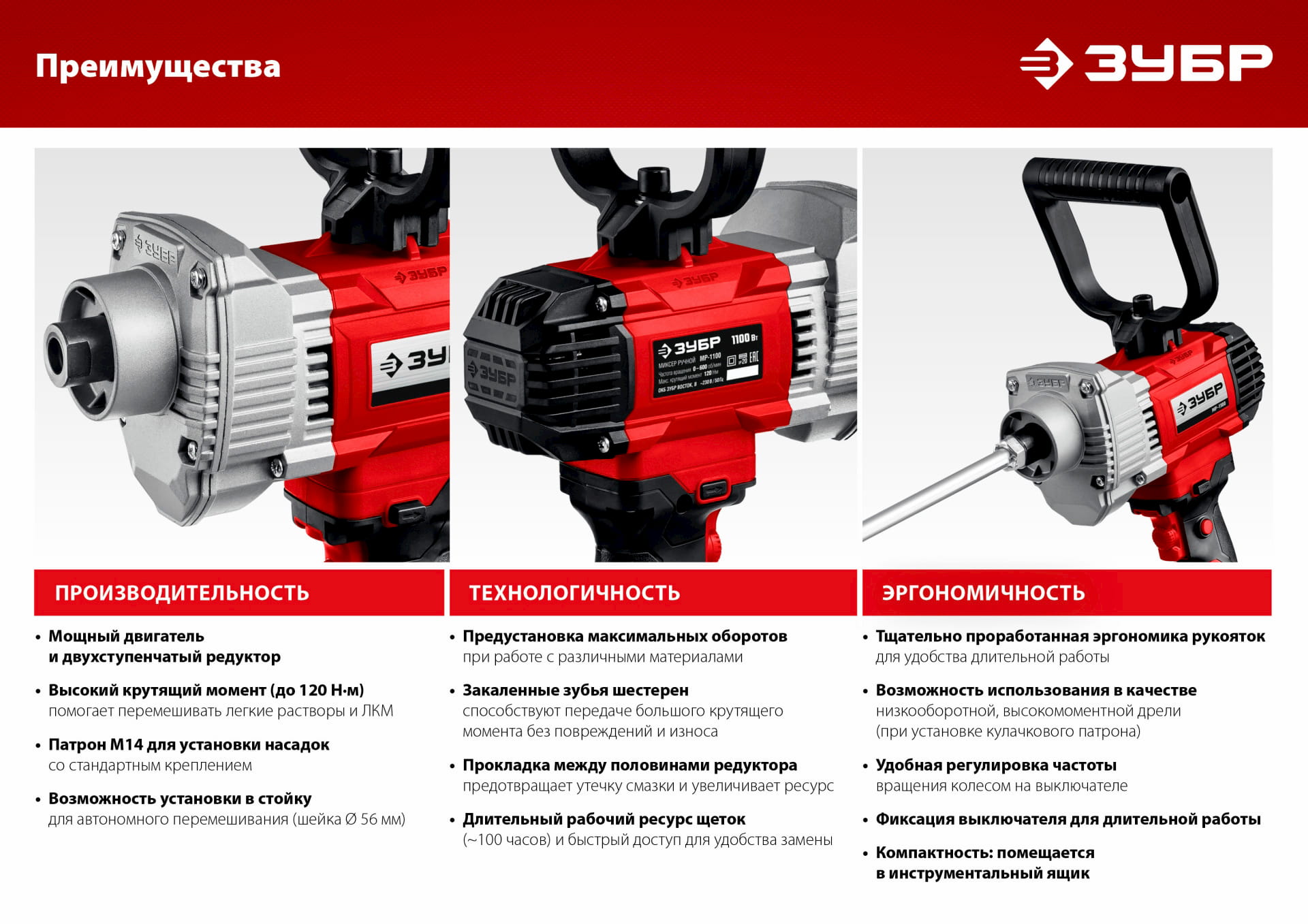 Дрель-миксер ЗУБР МР-1100, М14 / 1100 Вт.