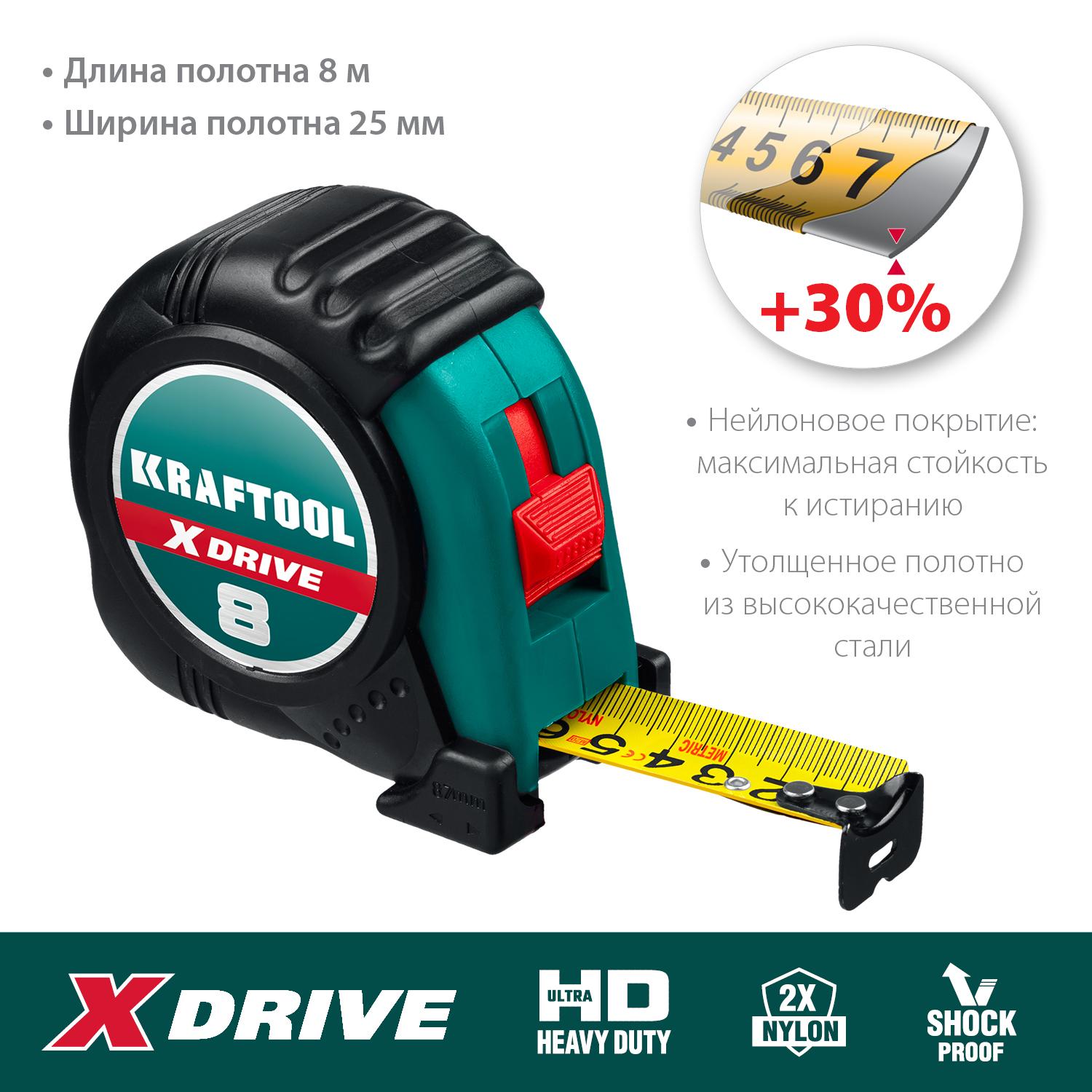 KRAFTOOL X-Drive, 8 м х 25 мм, рулетка (34122-08)