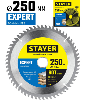 Пильный диск по дереву Stayer Expert 3682-250-32-60, 60Т, точный рез / 250 x 32/30 мм.