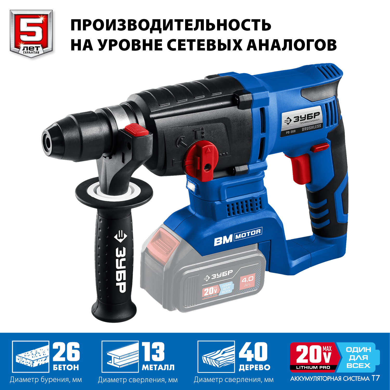Перфоратор бесщеточный ЗУБР Т7 PB-260 без АКБ  / 20 В. 26 мм.
