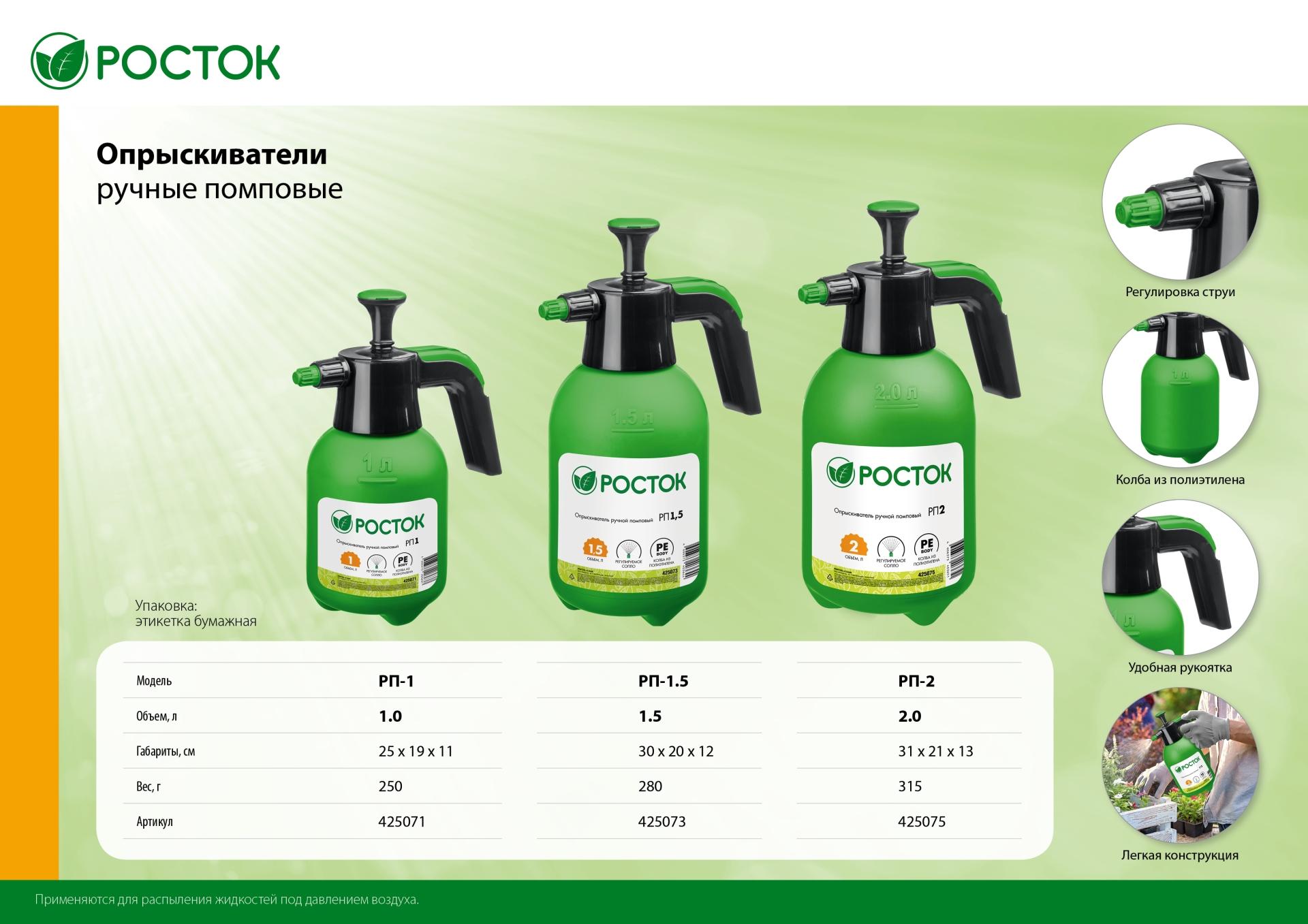 Ручной помповый опрыскиватель РОСТОК 425075, колба из полиэтилена /  2 л.