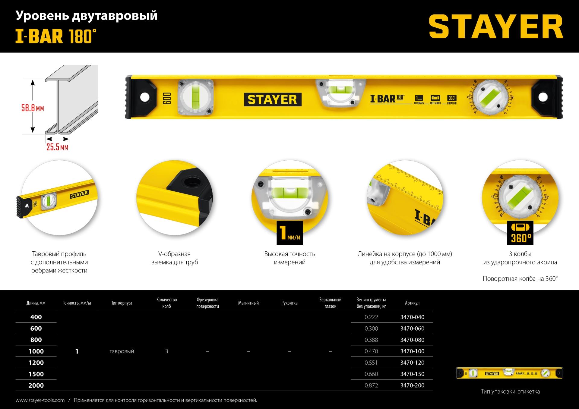 STAYER I-Bar 180˚, 1200 мм, двутавровый, уровень с поворотным глазком (3470-120)