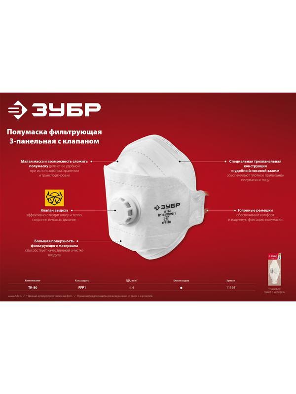 ЗУБР ТК-80, класс защиты FFP1, плоская 3-х панельная, фильтрующая полумаска с клапаном выдоха (11164)