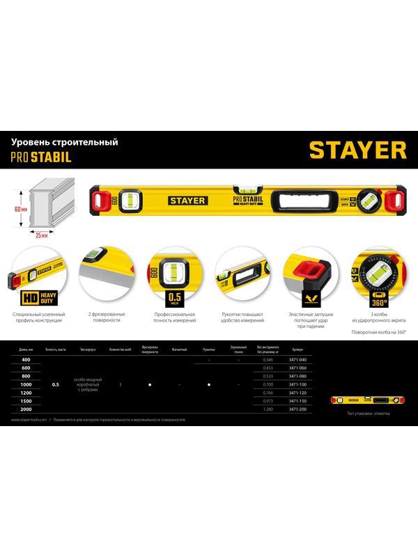STAYER PRO STABIL, 2000 мм, усиленный профиль, уровень с поворотным глазком, Professional (3471-200)