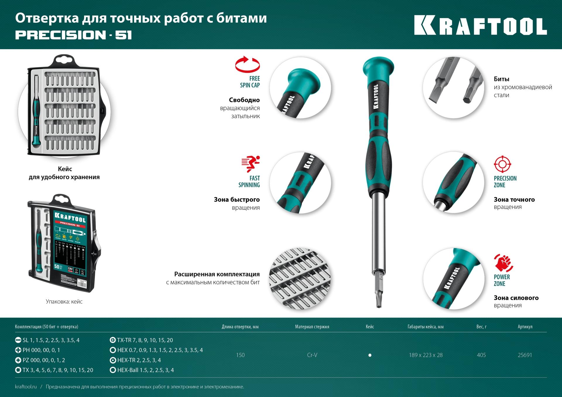 KRAFTOOL Precision-51, 51 предм., для точных работ, отвертка (25691)