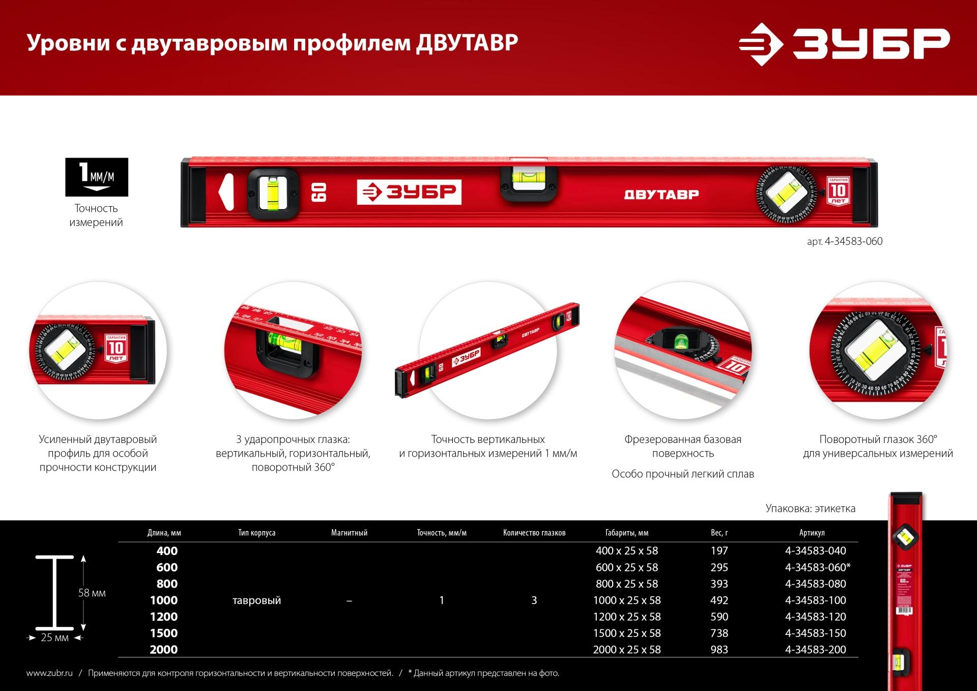 ЗУБР ДВУТАВР, 400 мм, двутавровый, уровень с усиленным профилем (4-34583-040)