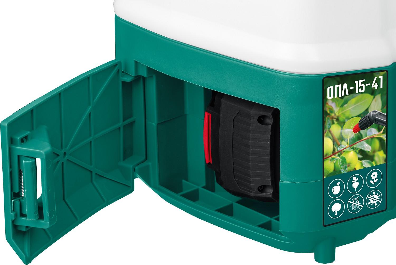 ЗУБР 15 л, 1 АКБ 4 А·ч, аккумуляторный опрыскиватель (ОПЛ-15-41)