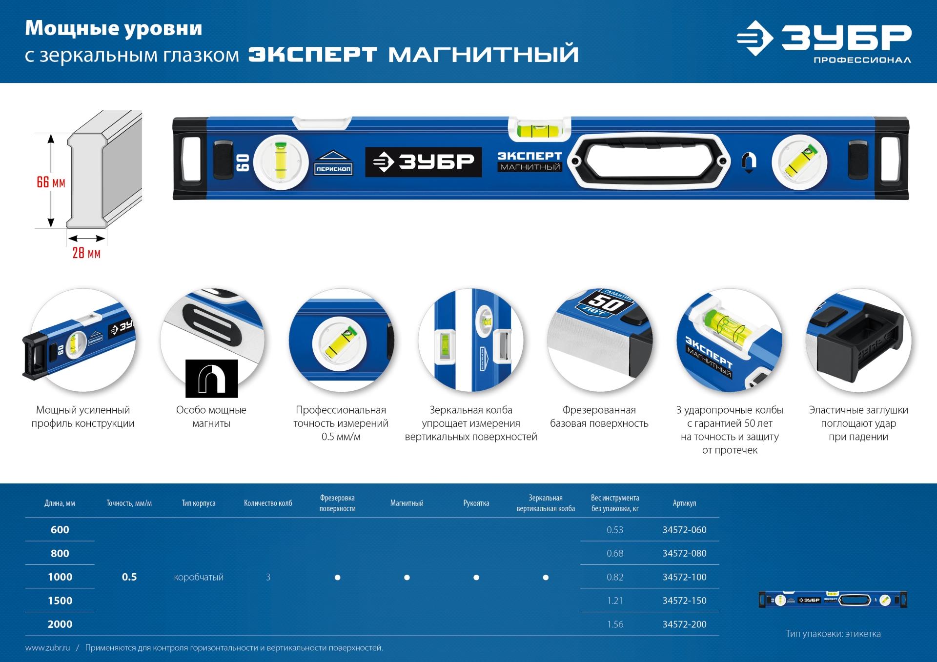 ЗУБР ЭКСПЕРТ-М, 600 мм, с зеркальным глазком, мощный магнитный уровень, Профессионал (34572-060)