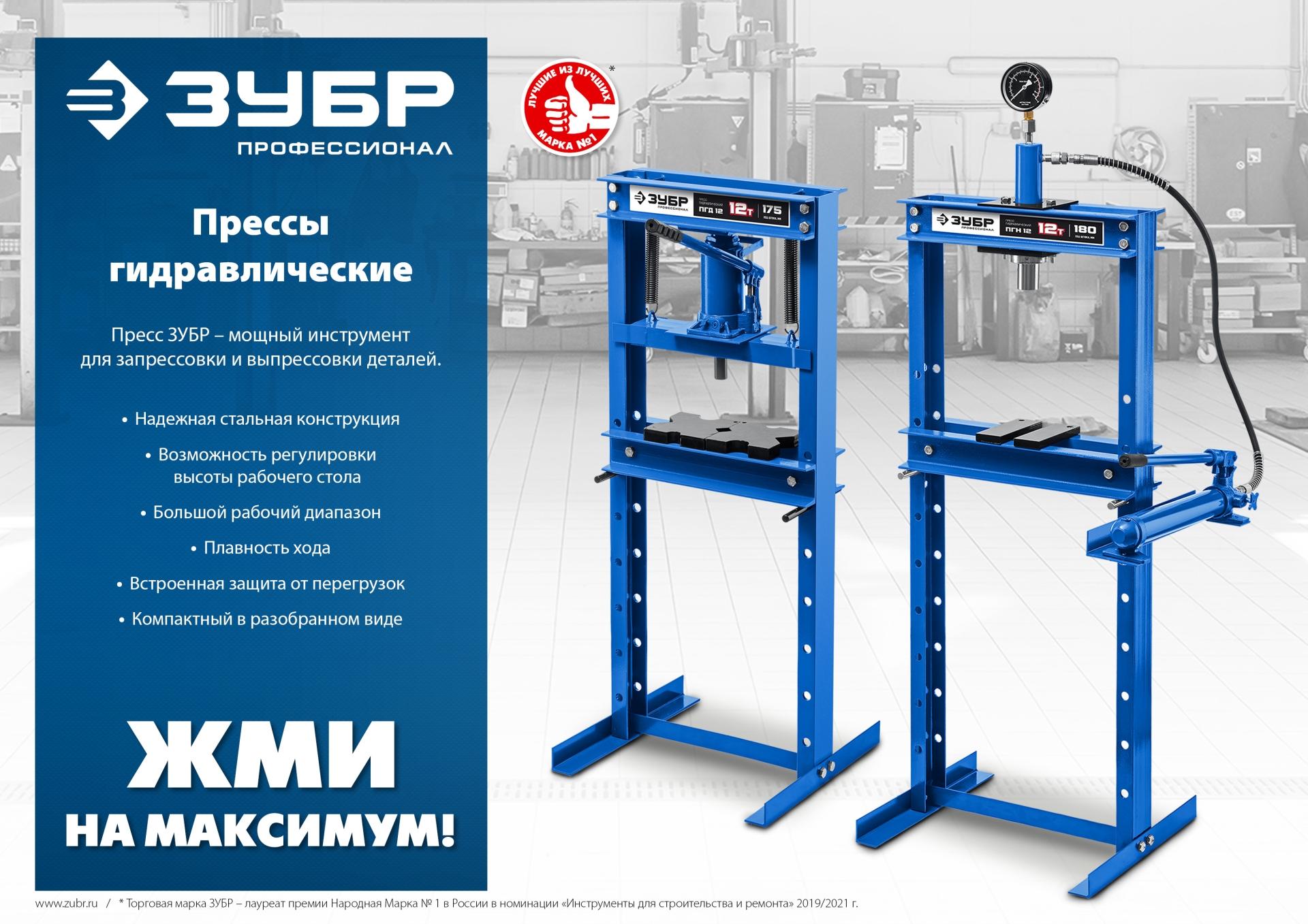 ЗУБР ПГН-12, 12 т, гидравлический пресс с гидронасосом и манометром, Профессионал (43072-12)