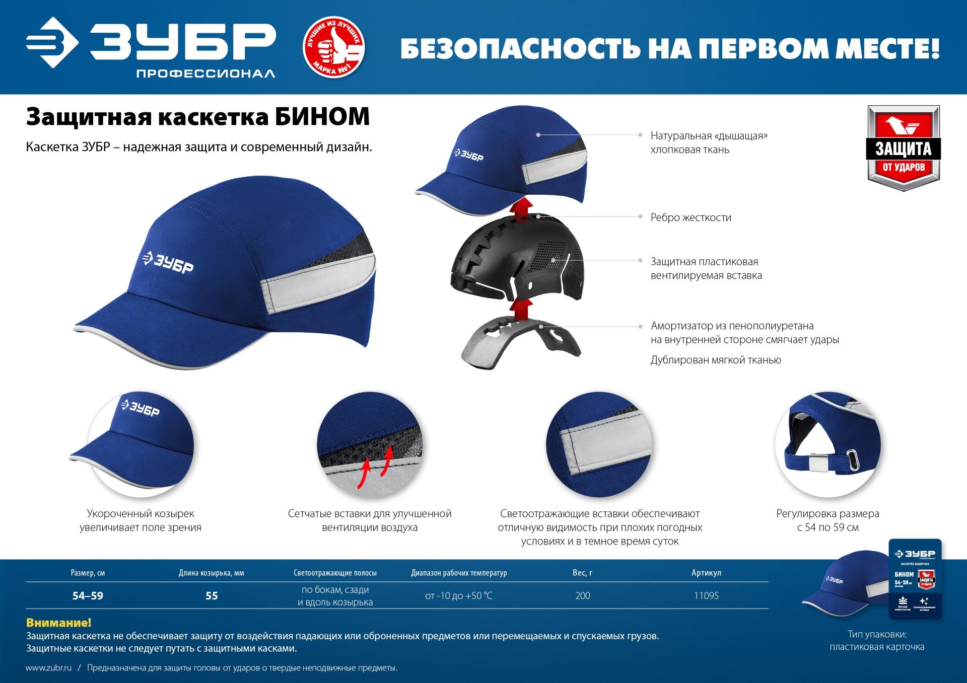 ЗУБР БИНОМ, синяя, ударопрочный корпус, козырёк 55 мм, размер от 54 до 59 см, защитная каскетка, Профессионал (11095)