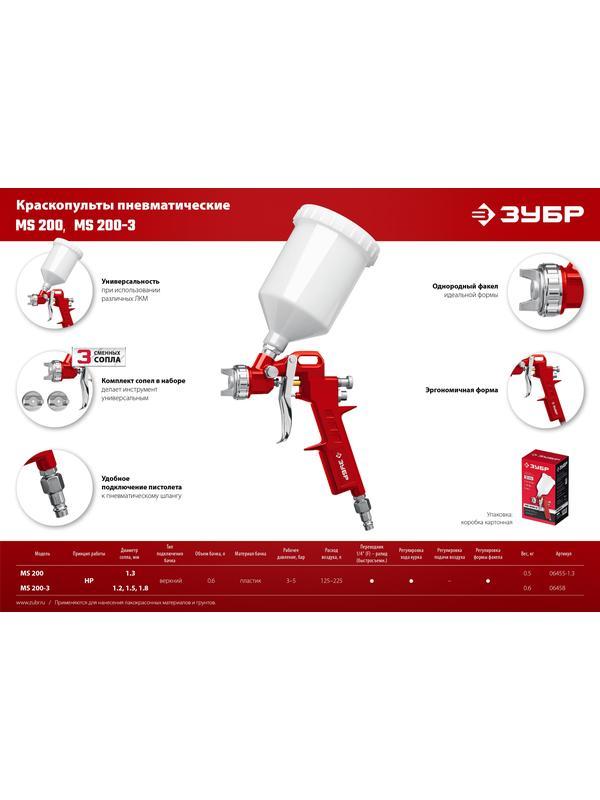 ЗУБР MS 200-3, 1.2, 1.5, 1.8 мм, пневматический краскопульт с верхним бачком (06458)