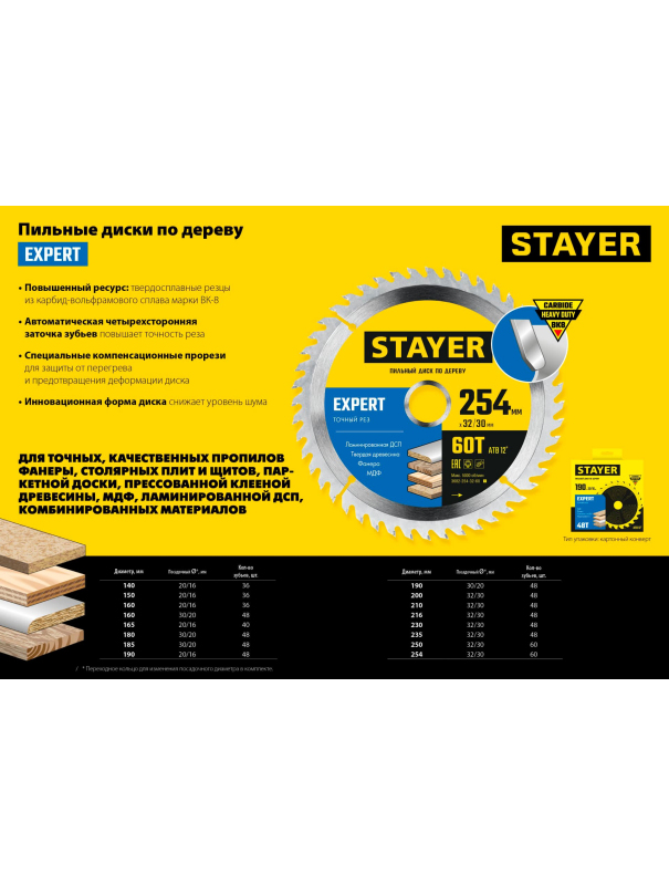 Пильный диск по дереву Stayer Expert 3682-216-30-48, 48Т, точный рез / 216 x 30/20 мм.