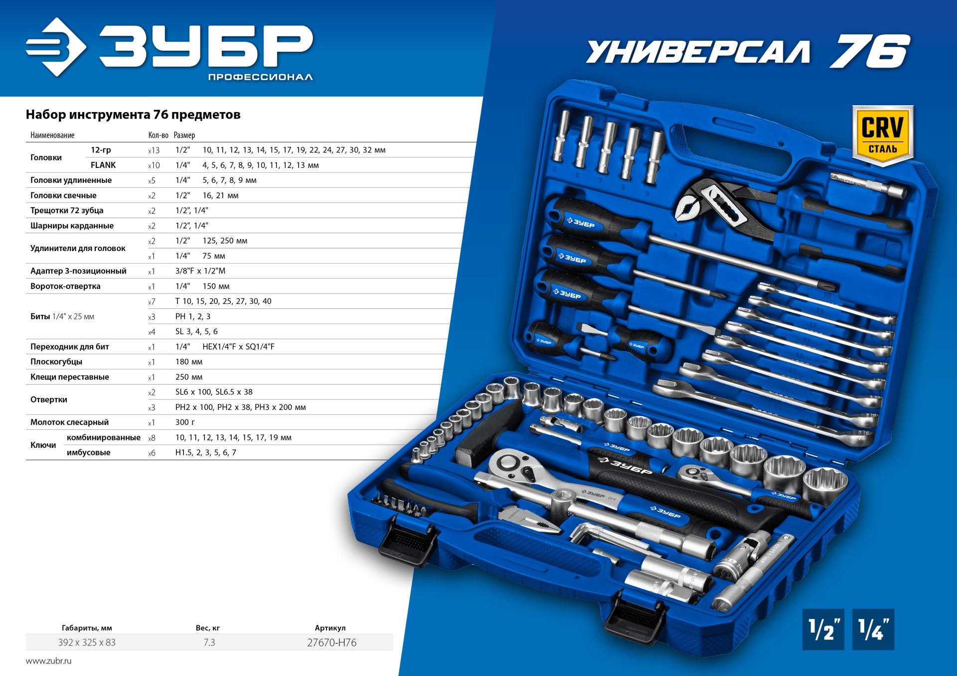 ЗУБР Универсал-76, 76 предм., (1/2″+ 1/4″), универсальный набор инструмента, Профессионал (27670-H76)